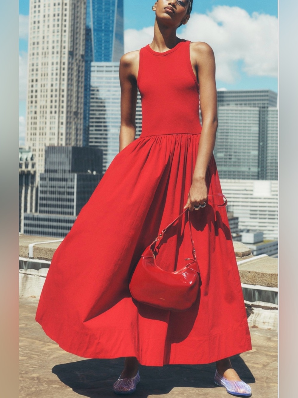 Soldout. NYC Red Ribbed Knit & Poplin Drop-Waist Maxi Dress - Size Small
